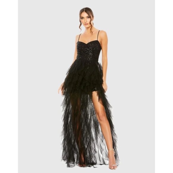 💥💥BOMBSHELL!💥💥MAC DUGGAL Ruffled Glittery Gown in Black Sequin & Tulle - Picture 2 of 14